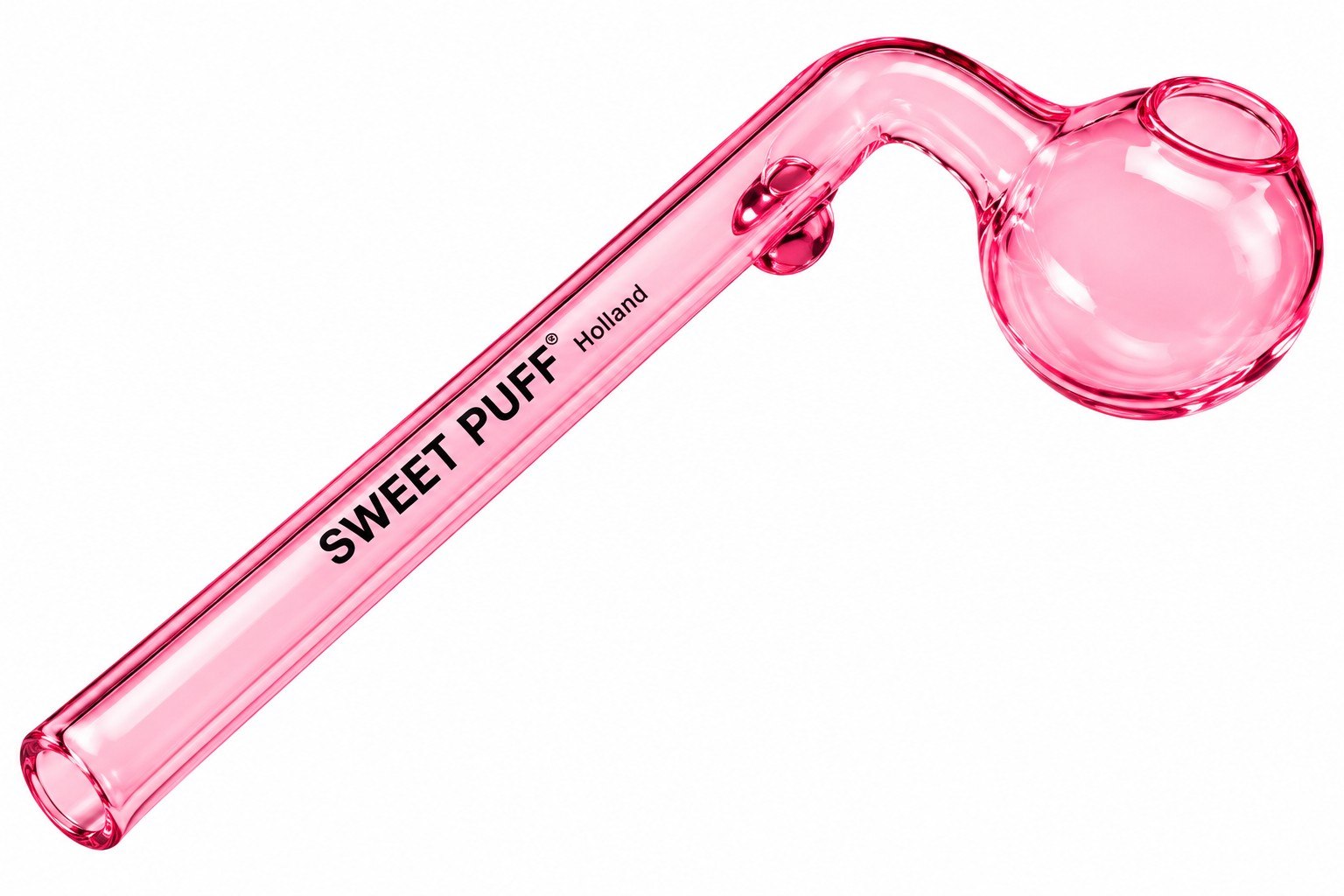 Pink curved Sweet Puff Holland glass pipe with black Sweet Puff lettering on white background